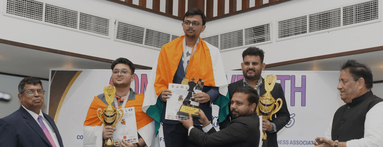 GM Mitrabha Guha receives the Commonwealth Chess Championship 2026 trophy